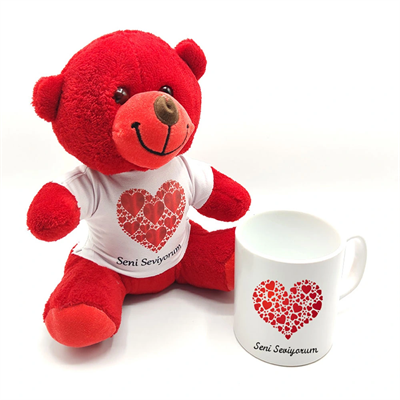 Seni Seviyorum Baskılı Kırmızı Ayıcık ve Kupa Bardak Seti