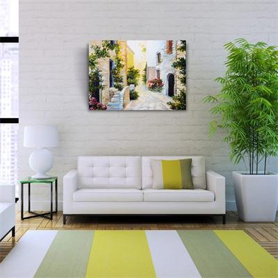 Taş Evler Ve Çiçekli Yol Yağlıboya Kanvas Tablo 50 x 70