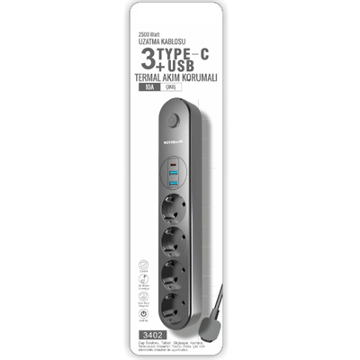 Termal Akım Korumalı 4 Prizli USB Girişli Uzatma Kablosu