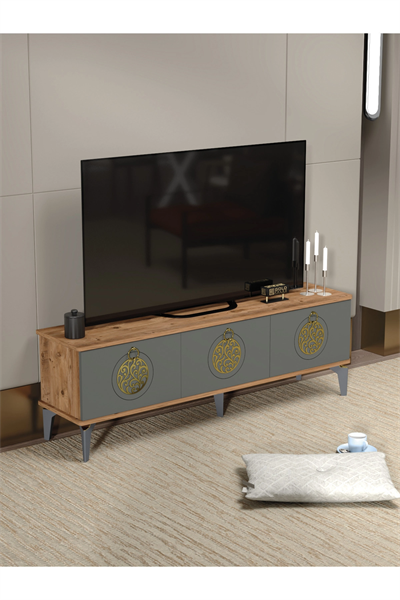 Tv Sehpası Tv Ünitesi Atlantik Çam Antrasit Gold 160 Cm Saraylı 5060