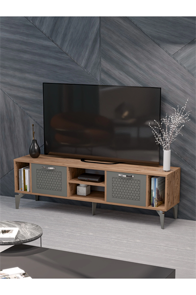 Tv Sehpası Tv Ünitesi Atlantik Çam Antrasit Gümüş 160 Cm Linya 5041
