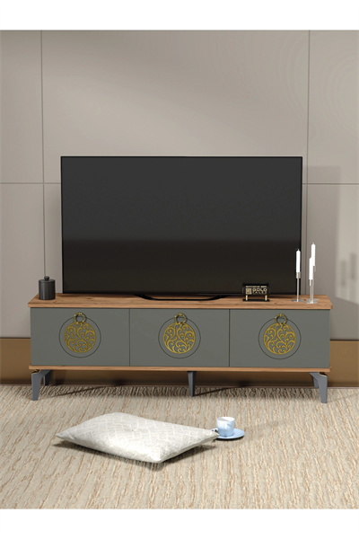Tv Sehpası Tv Ünitesi Atlantik Çam Antrasit Gold 160 Cm Saraylı 5060