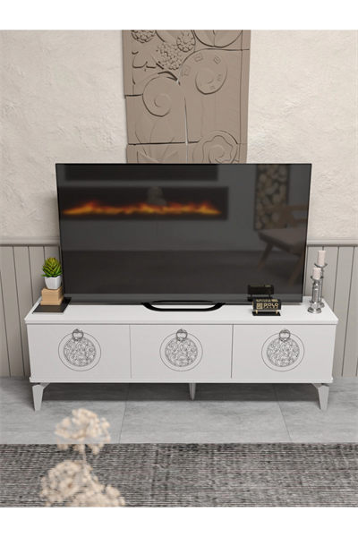 Tv Sehpası Tv Ünitesi Beyaz Gümüş 160 Cm Saraylı 5063