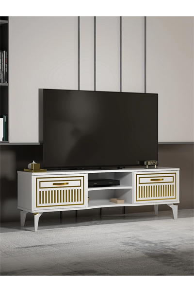 Tv Sehpası Tv Ünitesi Vera Beyaz Gold Çizgili 5052