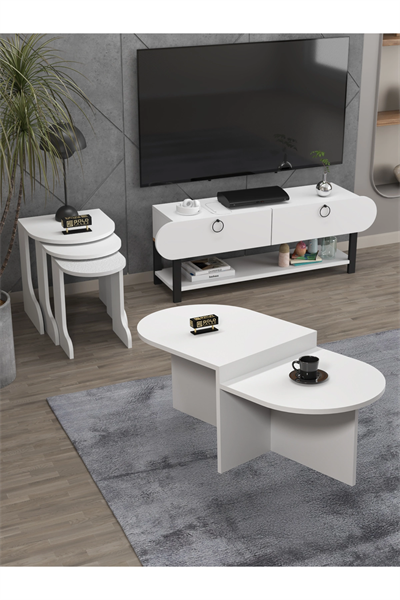 Tv Sehpası Ünitesi Tekli Orta Sehpa 3Lü Zigon Sehpa Set Üç Ürün Beyaz