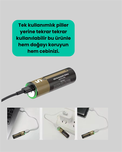 USB Type-C Girişli Şarjlı AA Lityum Pil | 1.5V Sabit Çıkış | 3200mWh (2li Paket)