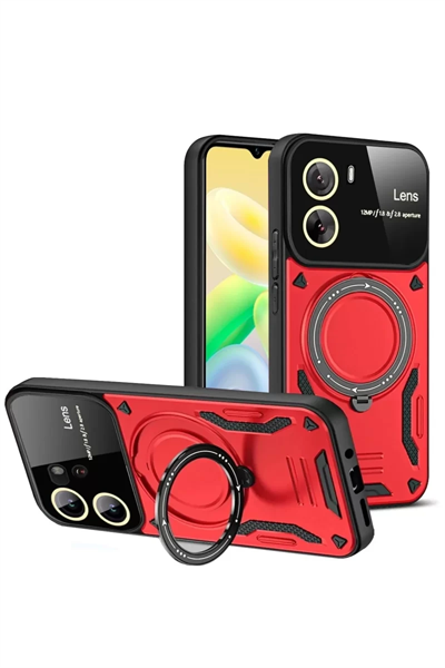 Vivo Y16 Kılıf Joy Lens Standlı Kapak - Kırmızı