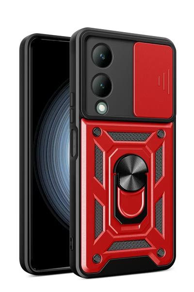 Vivo Y17S Kılıf Pars Lens Yüzüklü Silikon - Kırmızı