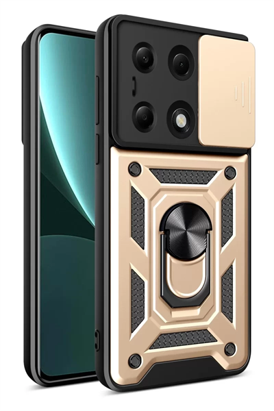 Xiaomi Poco M6 Pro 4G Kılıf Pars Lens Yüzüklü Silikon - Gold