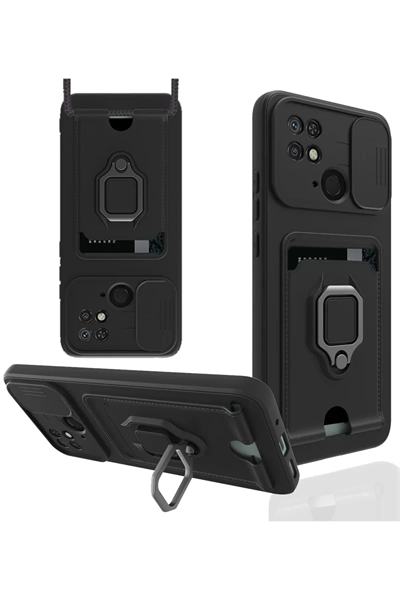 Xiaomi Redmi 10C Kılıf Zuma Kartvizitli Yüzüklü Silikon - Siyah