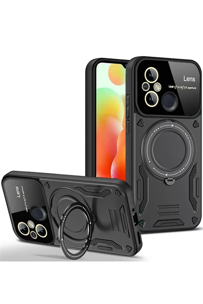 Xiaomi Redmi 12C Kılıf Joy Lens Standlı Kapak - Siyah