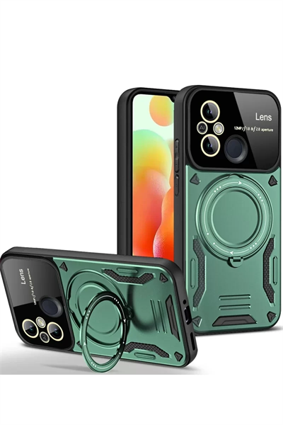 Xiaomi Redmi 12C Kılıf Joy Lens Standlı Kapak - Koyu Yeşil