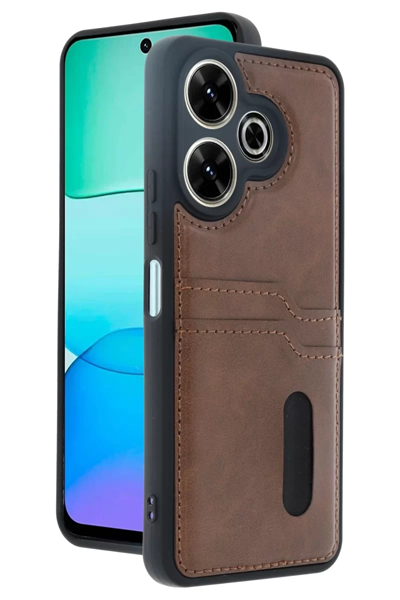 Xiaomi Redmi 13 4G Kılıf Sara Kartvizitli Deri Kılıf - Taba