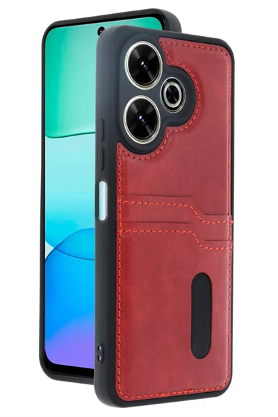 Xiaomi Redmi 13 4G Kılıf Sara Kartvizitli Deri Kılıf - Kırmızı