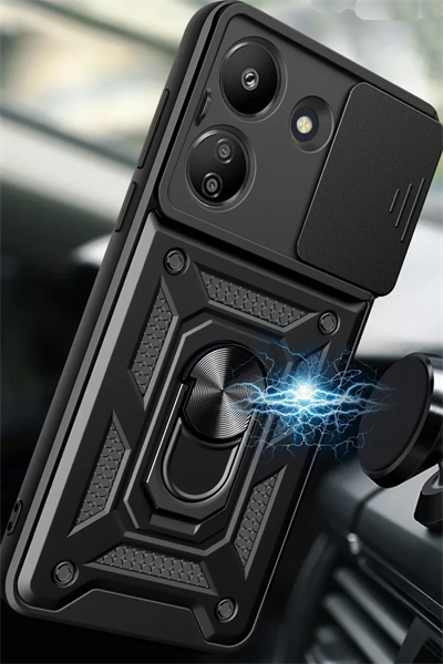 Xiaomi Redmi 13C Kılıf Pars Lens Yüzüklü Silikon - Siyah