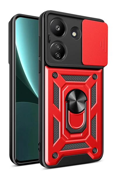 Xiaomi Redmi 13C Kılıf Pars Lens Yüzüklü Silikon - Kırmızı