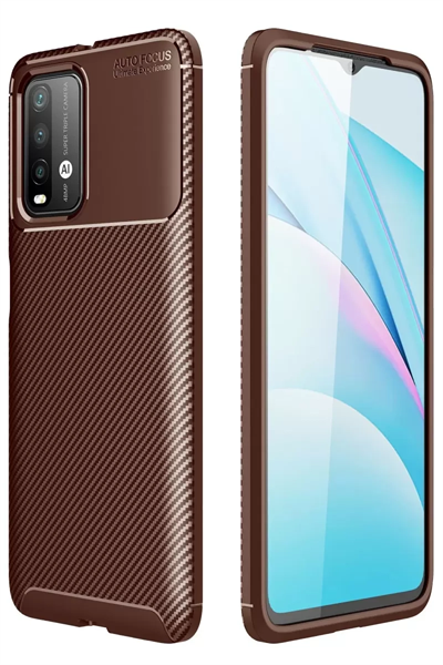 Xiaomi Redmi 9T Kılıf Auto Focus Karbon Kapak - Kahverengi