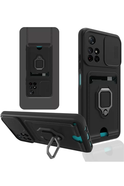 Xiaomi Redmi Note 11T Kılıf Zuma Kartvizitli Yüzüklü Silikon - Siyah