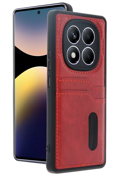 Xiaomi Redmi Note 14 Pro 5G Kılıf Sara Kartvizitli Deri Kılıf - Kırmızı