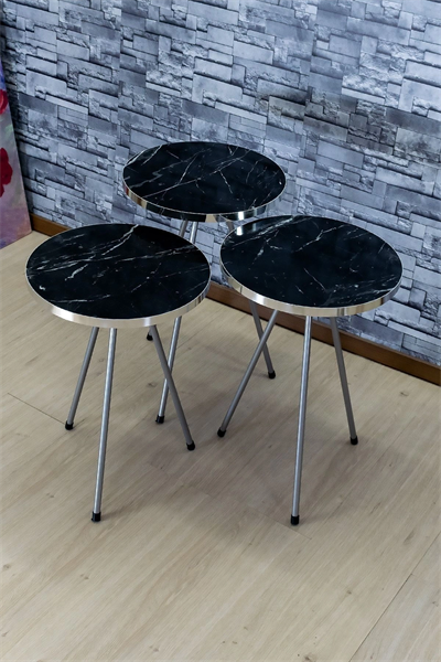 Zigon Sehpa 3lü Gümüş Metal Ayak Gümüş Siyah Bendir 1069