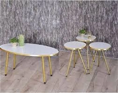 Zigon Sehpa Ve Orta Sehpa Elips Gold Metal Ayak Gold Beyaz Set