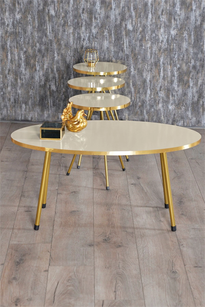 Zigon Sehpa ve Orta Sehpa Elips Gold Metal Ayak Gold Krem Set