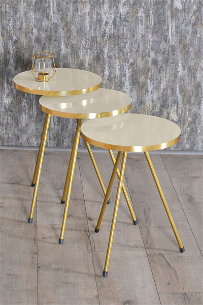Zigon Sehpa ve Orta Sehpa Elips Gold Metal Ayak Gold Krem Set