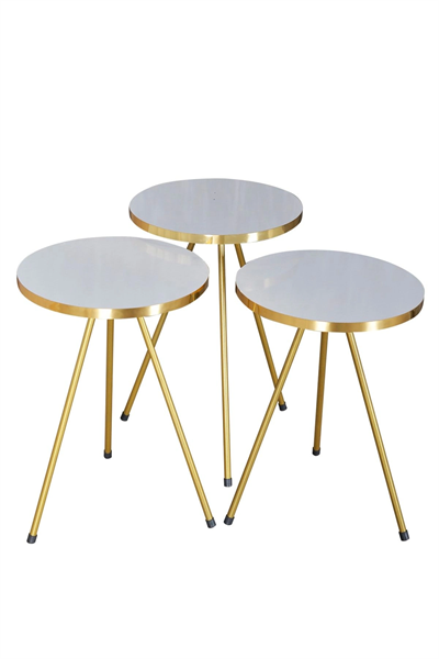 Zigon Sehpa ve Orta Sehpa Kr Gold Metal Ayak Gold Beyaz Set