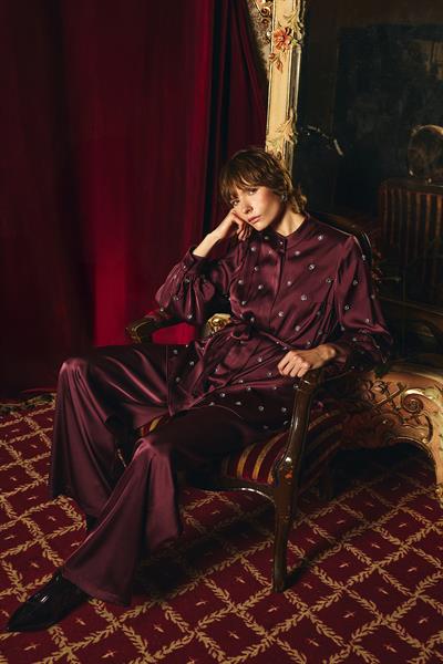 Alya Taş Detaylı Bluz ve Pantolon 2li Takım Bordo