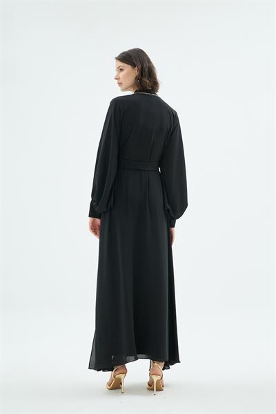 Karla El İşçiliği Gül Motifli Taş İşleme Abaya Siyah
