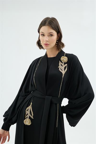 Karla El İşçiliği Gül Motifli Taş İşleme Abaya Siyah