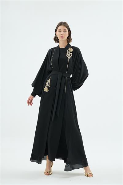 Karla El İşçiliği Gül Motifli Taş İşleme Abaya Siyah