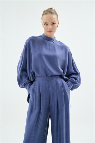 Lulu Balon Kol Oversize Bluz ve Pantolon 2li Takım İndigo