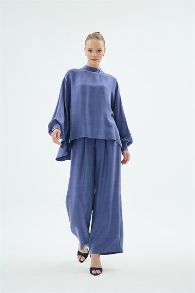 Lulu Balon Kol Oversize Bluz ve Pantolon 2li Takım İndigo