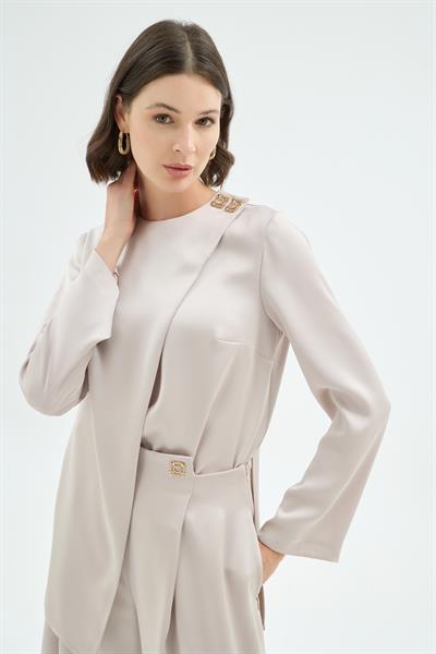 Nara Kare Düğme Detaylı Bluz ve Pantolon 2li Takım Taş