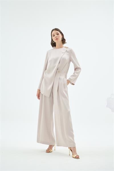 Nara Kare Düğme Detaylı Bluz ve Pantolon 2li Takım Taş