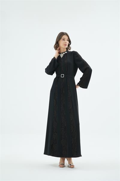 Nuvan Dantel Garnili Yakasi Taşli Elbise Siyah