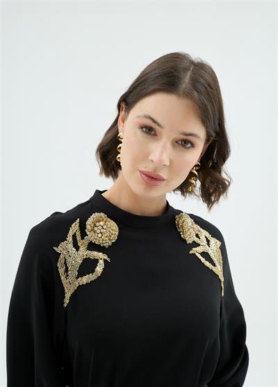 Rose El İşçiliği Gül Motifli Elbise Siyah