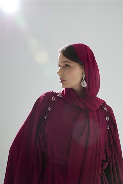 Ruby Pelerin Detaylı Taşli Tunik ve Bol Paça Pantolon 2li Takım Bordo