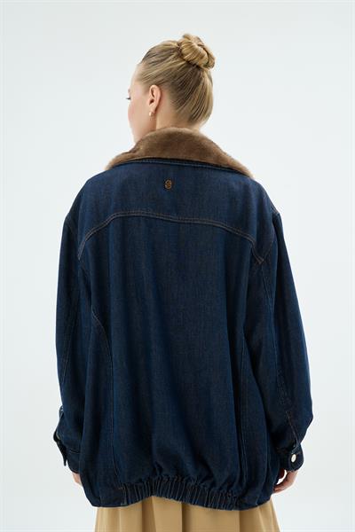 Soul Yakasi Fonksiyonel Kürklü Denim Ceket Koyu Mavi