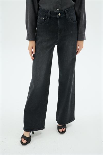 Ziva Taş Baski Detaylariyla Denim Pantolon Siyah