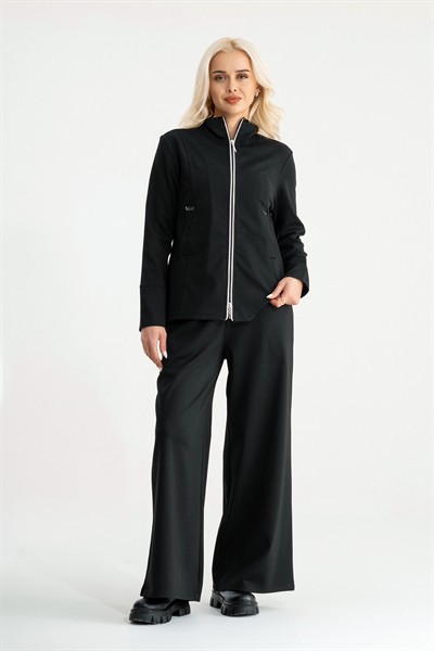 Bold & Young Çelik Örme Kumaş Çift Fermuarlı Cepli Siyah Kadın Ceket