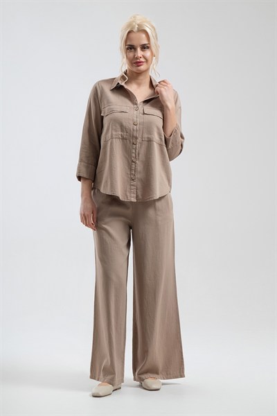 Bold & Young Kadın Bej %100 Pamuklu 3/4 Kol Kapaklı Büyük Cepli Gömlek