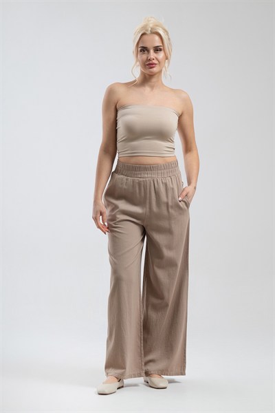 Bold & Young Kadın Bej Beli Lastikli Bol Paça Comfort Pantolon