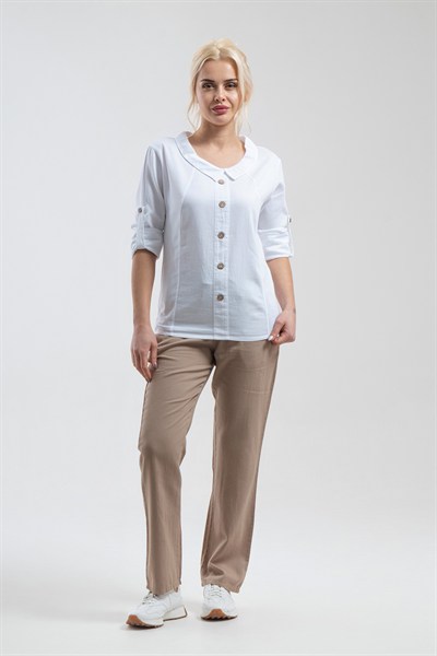 Bold & Young Kadın Beyaz Bebe Yaka Kol Britli Aksesuar Düğmeli Pamuklu Bluz