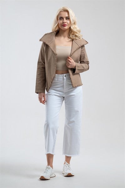 Bold & Young Kadın Camel Tek Cepli Metal Fermuarlı Pis Dikişli Ceket