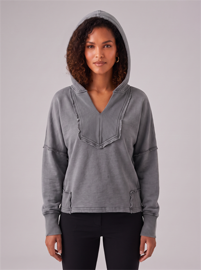 Bold & Young Kadın Gri V Yaka Dikiş Detaylı Parça Boya Yıkama Efektli %100 Pamuk Kapüşonlu Sweatshirt