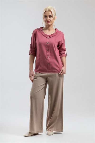 Bold & Young Kadın Pembe Bebe Yaka Kol Britli Aksesuar Düğmeli Pamuklu Bluz
