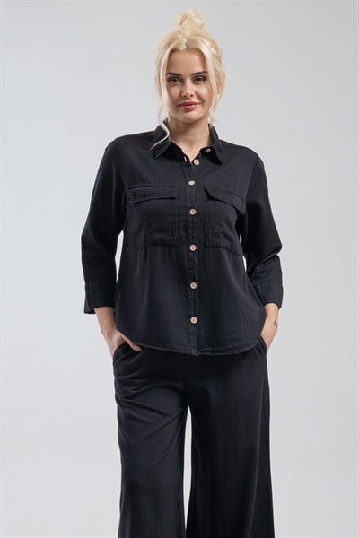 Bold & Young Kadın Siyah %100 Pamuklu 3/4 Kol Kapaklı Büyük Cepli Gömlek