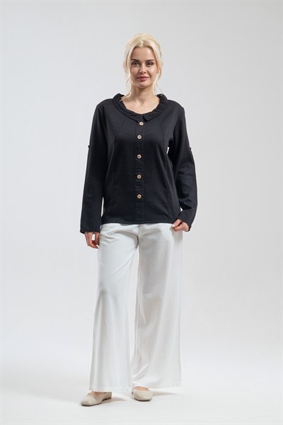 Bold & Young Kadın Siyah Bebe Yaka Kol Britli Aksesuar Düğmeli Pamuklu Bluz